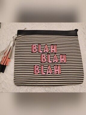 Large Striped Wristlet Clutch with Pink 'BLAH' Embroidery